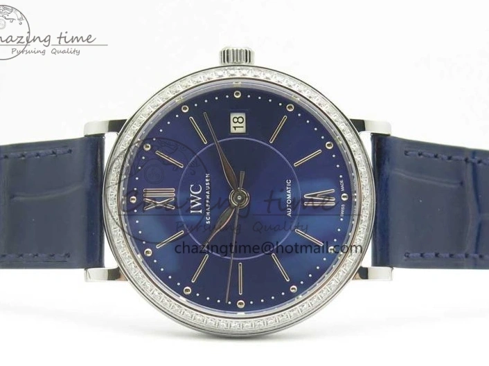 MIROTIME 1224 Fashionable Portofino IW458101 Diamond Bezel SS MK 1:1 Best Edition Blue Dial On Blue Leather Strap MIYOTA 7169